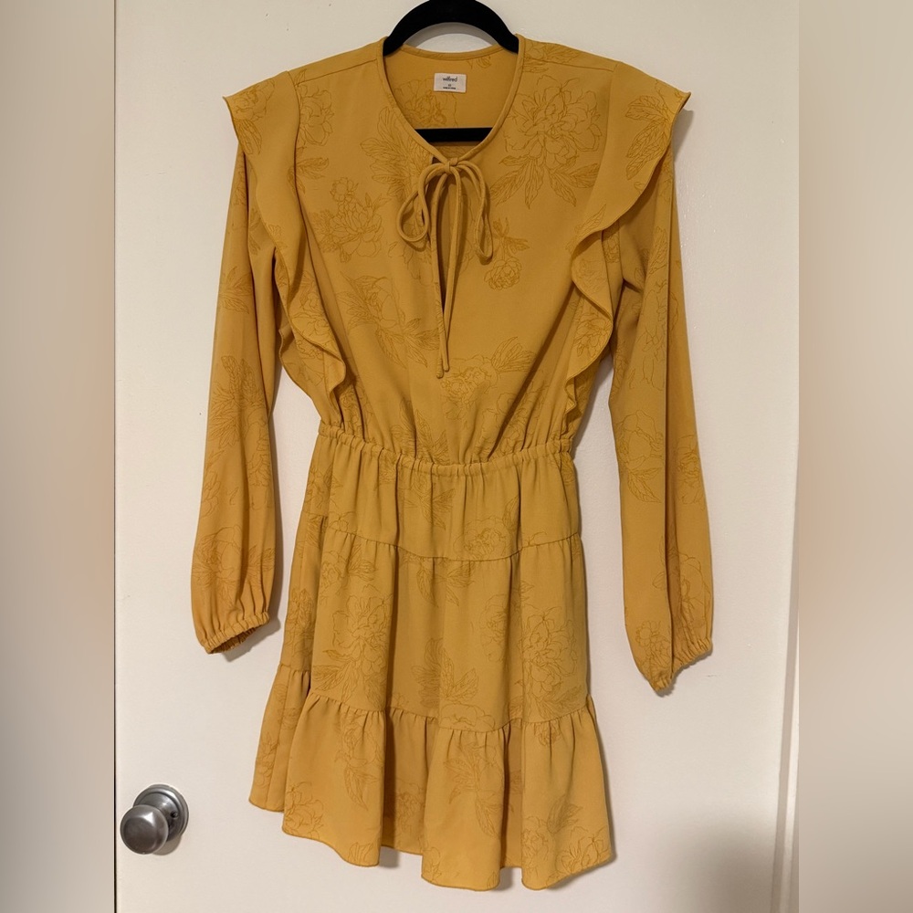 Wilfred Mustard Yellow Floral Tie-Neck Ruffle Long-Sleeve Dress